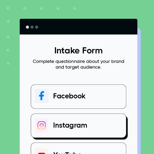 An online intake form displayed on a computer screen with fields for facebook and instagram details.