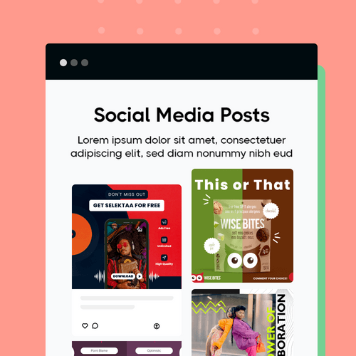 A graphic design template showcasing various social media post layouts on a digital device screen.